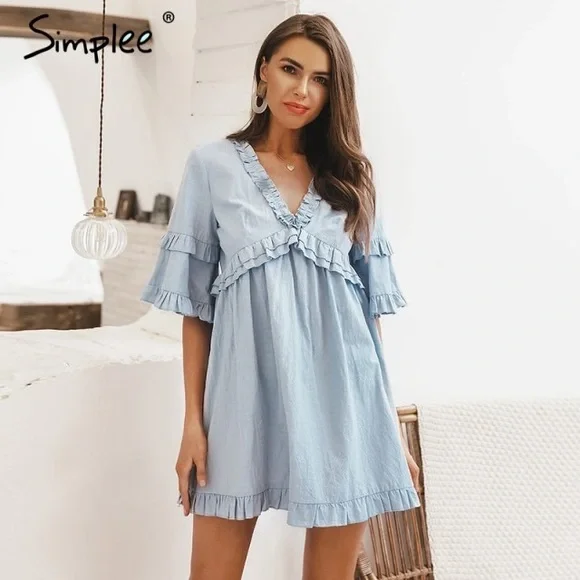 Simplee Elegant Solid Ruffle Short Sleeve Dress Blue Size Small NWT - Picture 15 of 16